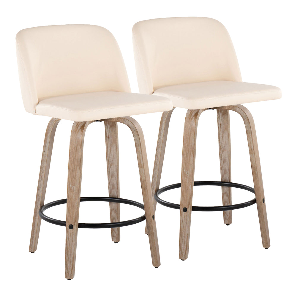 English Elm Toriano 26" Mid-Century Counter Stool Set of 2 — Swivel Faux Leather Seat, Wood Legs & Metal Footrest Cream B202S00429
