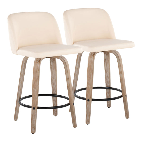 English Elm Toriano 26" Mid-Century Counter Stool Set of 2 — Swivel Faux Leather Seat, Wood Legs & Metal Footrest Cream B202S00429