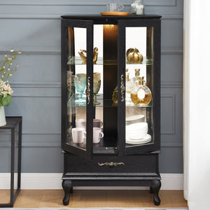 English Elm Lighted Curio Cabinet with Vintage Carved Handles, LED Display, Adjustable Shelves & Hidden Drawer 40" W2275P389711
