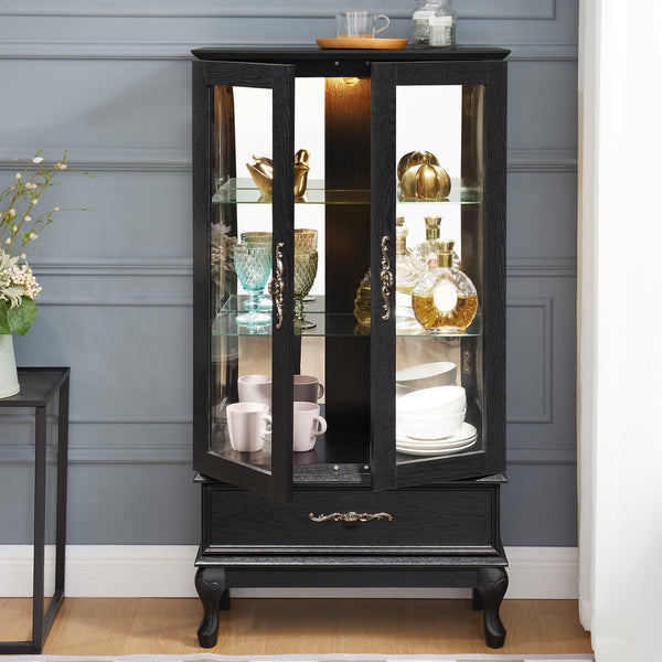 English Elm Lighted Curio Cabinet with Vintage Carved Handles, LED Display, Adjustable Shelves & Hidden Drawer 40" W2275P389711