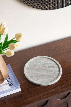 English Elm D10" Round Marble Tray Natural Gray Veined Finish — Elegant Serving, Centerpiece & Home Organizer W2078P407025