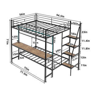 English Elm Full Over Twin Metal Bunk Bed with Desk Led Strip Shelves for Teen Dorm Rooms Antique Black W1935S00009