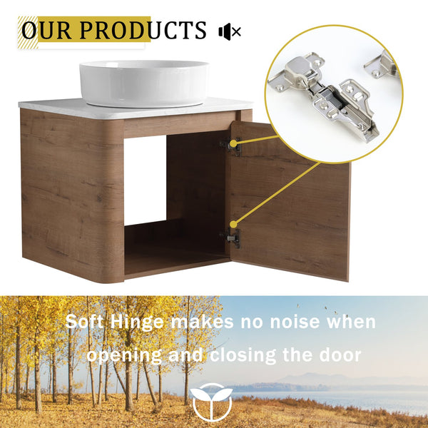 English Elm 60'' Wall-Mounted Bathroom Vanity With Ceramic Art Sink, Soft-Close Door & Stylish Storage Solutions W999S00410