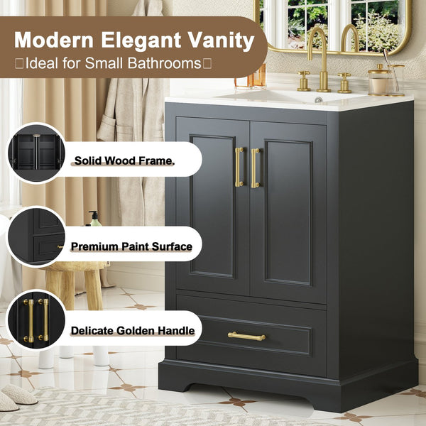 English Elm 24"Bathroom Modern Vanity with Ceramic Sink, Solid Wood Frame, Soft-Close Doors & Smart Storage System Black N729P321378B