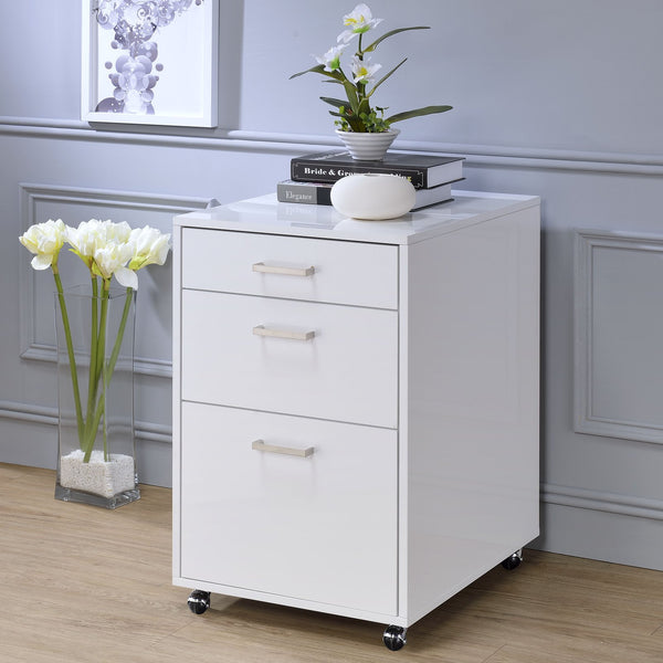 English Elm White High Gloss Contemporary 3-Drawer File Cabinet on Casters — Sleek Space-Saving Office Storage, Durable Finish B062P185691