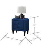 English Elm Navy Blue Color Velvet Gorgeous 1 Piece Nightstand Bedside Table 2X Drawers Bedroom Furniture Sleek Design Tempered Legs