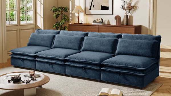 English Elm U_Style Modular Double-Layer 4-Seater Sofa with Hidden Storage, Removable Covers, Foam Comfort Dark Blue WY000422AAC