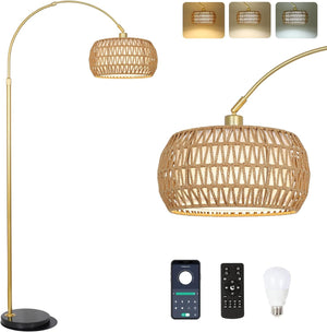 English Elm Gold Boho Floor Lamp with Remote Dimmable LED, Dual Rattan & Fabric Shades, Adjustable Arc Light Brown+Black W2738P185418