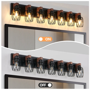 English Elm Industrial Vintage 7-Light Wall Sconce Black Cage with Walnut Wood Accents Hardwired E26 Fixture Ideal for Bathroom Hallway Vanity Lighting W2312P374841