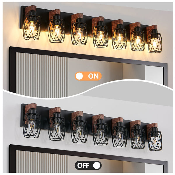 English Elm Industrial Vintage 7-Light Wall Sconce Black Cage with Walnut Wood Accents Hardwired E26 Fixture Ideal for Bathroom Hallway Vanity Lighting W2312P374841