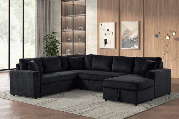 English Elm Rinaldo Corduroy Sleeper Sectional with Storage Chaise and Pocket Coil Cushions Black B2749S00280