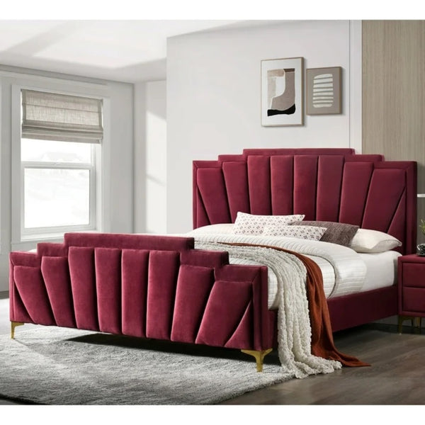 English Elm Glam Plush Flannelette Queen Bed with Shell Tufting and Padded Headboard on Metal Legs for Style Gold,Red 84 L x 26 W x 5 H B2741S00335