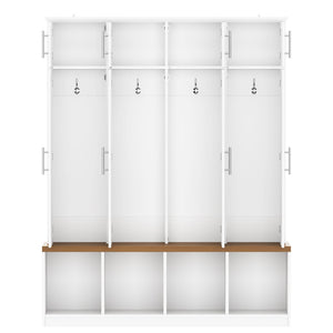 English Elm Wood Entryway Hall Tree with Bench Seating Coat Hooks Shoe Cubbies Cabinet White W5271S00004