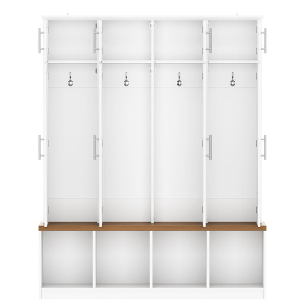 English Elm Wood Entryway Hall Tree with Bench Seating Coat Hooks Shoe Cubbies Cabinet White W5271S00004