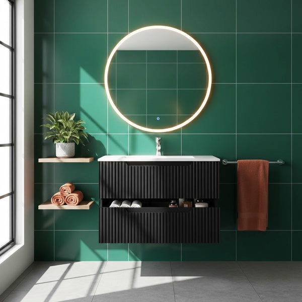 English Elm Goodyo 30 Inch Wall Mounted Bathroom Vanity with Ceramic Sink, Soft-Close Drawers & Spacious Storage Black W1223S00034
