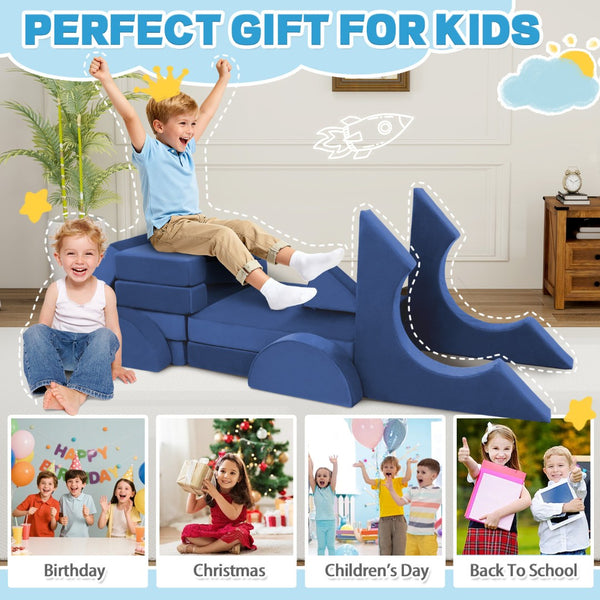 English Elm 14pcs Modular Foam Play Couch Set Convertible Toddler Fort Builder for Playrooms Blue T5880P493446
