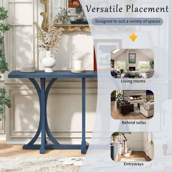 English Elm U-style Farmhouse Console Table Oak Veneer Top Curved Rubberwood Legs Entryway Navy Blue N711P295300V