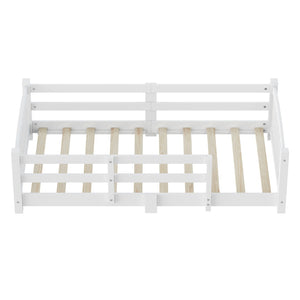 English Elm Twin Montessori Floor Bed Solid Pine Frame with Safety Guardrails for Kids Bedroom White N733P400298K