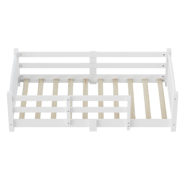 English Elm Twin Montessori Floor Bed Solid Pine Frame with Safety Guardrails for Kids Bedroom White N733P400298K