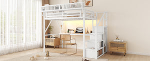 English Elm Full Loft Bed with Desk and Charging Station, Metal Loft with Stairs, Wardrobe, Shelves & Light White W2580S00046