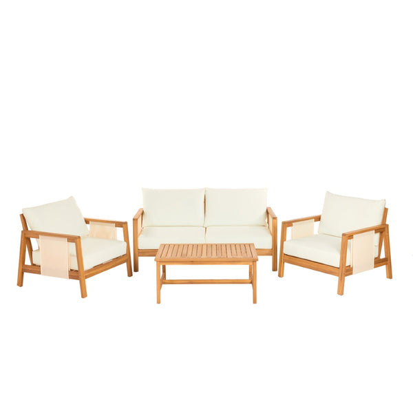 English Elm 4-pieces Acacia Wood Outdoor Conversation Set with Loveseat Club Chairs Patio Table Brown,Teak+ Beige N768P368824T_N768P368823T_2