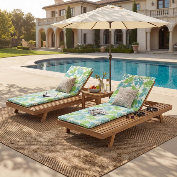 English Elm Lounge Chaise Outdoor Acacia Wood Slatted Frame with Water Resistant Cushion Resort Style Green Leaf,Light Brown N770P442L18L