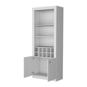 English Elm White Bar Cabinet With Wine Racks, Three Shelves & Concealed Storage For Modern Home Entertaining B062P193658-GIGA