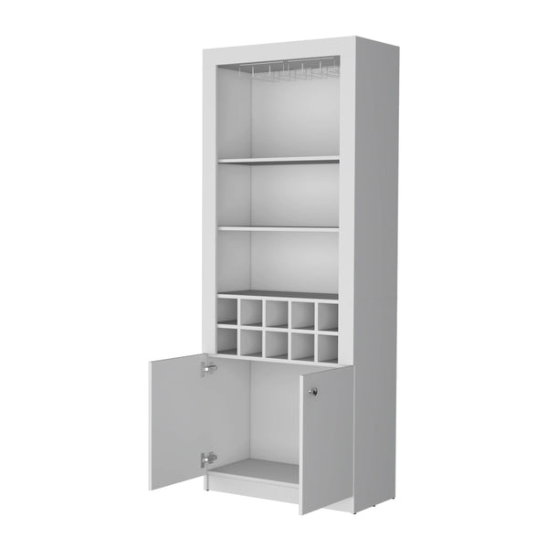 English Elm White Bar Cabinet With Wine Racks, Three Shelves & Concealed Storage For Modern Home Entertaining B062P193658-GIGA