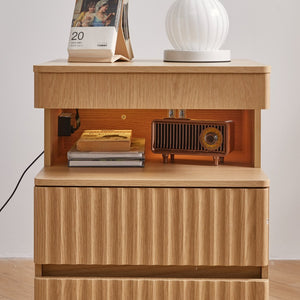 English Elm Modern Oak Nightstand with Charging Station Hidden Compartment and Open Storage Shelf W5368P460458