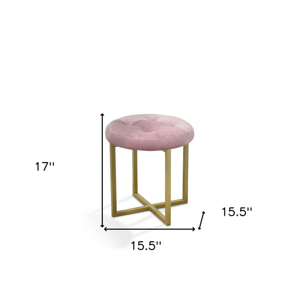 Homeroots 17" Pink Tufted Velvet And Gold Stool Pink + Matte Gold  470333