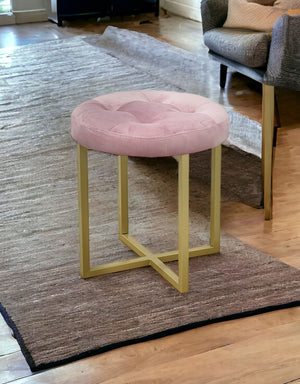 Homeroots 17" Pink Tufted Velvet And Gold Stool Pink + Matte Gold  470333