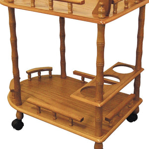 Homeroots Oak Irregular Rolling Bar Cart With Wine Storage   470338