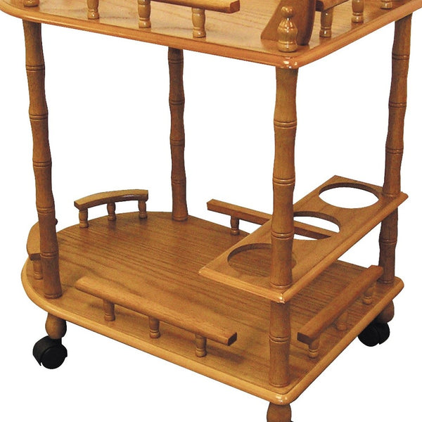 Homeroots Oak Irregular Rolling Bar Cart With Wine Storage   470338