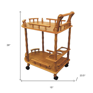Homeroots Oak Irregular Rolling Bar Cart With Wine Storage   470338