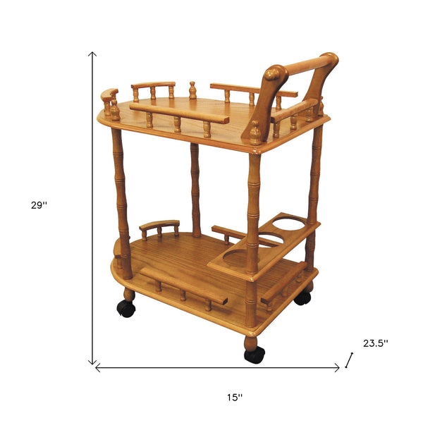 Homeroots Oak Irregular Rolling Bar Cart With Wine Storage   470338