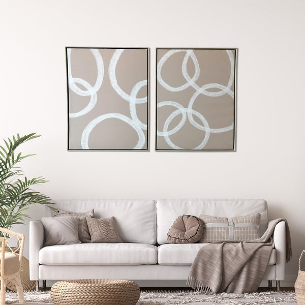 Homeroots Set Of Two Blush And White Abstract Circles Framed Canvas Wall Art Brown Floater Frame Print Wall Art  Canvas 470341