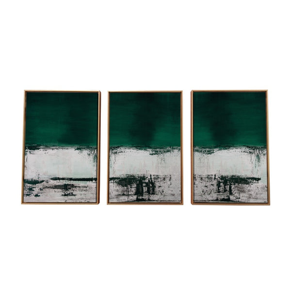HomeRoots Set of Three Modern Abstract Canvas Wall Art in Deep Green, Black & White with Gold Frame Decor 470343