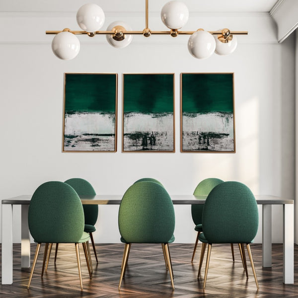 HomeRoots Set of Three Modern Abstract Canvas Wall Art in Deep Green, Black & White with Gold Frame Decor 470343