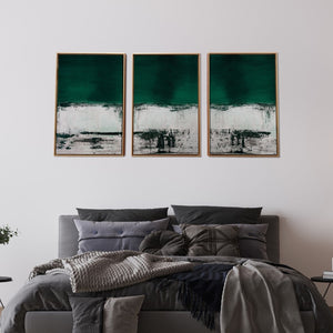 HomeRoots Set of Three Modern Abstract Canvas Wall Art in Deep Green, Black & White with Gold Frame Decor 470343