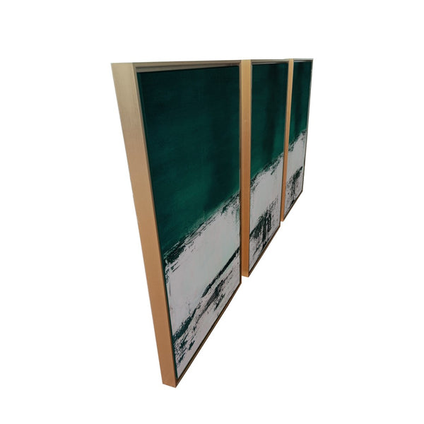 HomeRoots Set of Three Modern Abstract Canvas Wall Art in Deep Green, Black & White with Gold Frame Decor 470343
