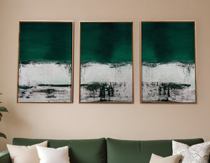 HomeRoots Set of Three Modern Abstract Canvas Wall Art in Deep Green, Black & White with Gold Frame Decor 470343