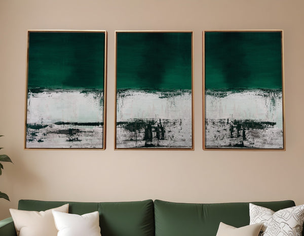 HomeRoots Set of Three Modern Abstract Canvas Wall Art in Deep Green, Black & White with Gold Frame Decor 470343