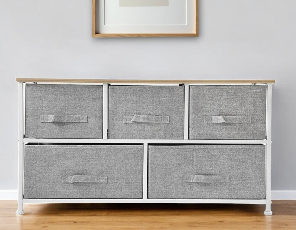 Homeroots 39" Gray And White Steel And Fabric Five Drawer Dresser  Steel And Fabric 470352