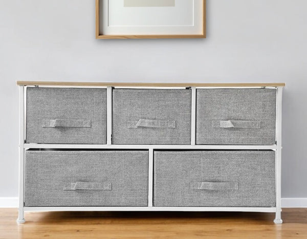Homeroots 39" Gray And White Steel And Fabric Five Drawer Dresser  Steel And Fabric 470352