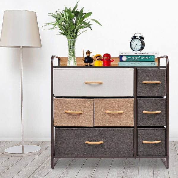 HomeRoots 32" Brown Fabric and Steel Accent Chest – Stylish Storage with 7 Drawers and 2 Shelves for Any Space 470356