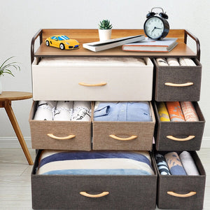 HomeRoots 32" Brown Fabric and Steel Accent Chest – Stylish Storage with 7 Drawers and 2 Shelves for Any Space 470356