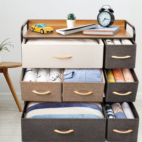 HomeRoots 32" Brown Fabric and Steel Accent Chest – Stylish Storage with 7 Drawers and 2 Shelves for Any Space 470356