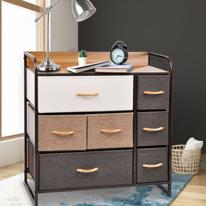 HomeRoots 32" Brown Fabric and Steel Accent Chest – Stylish Storage with 7 Drawers and 2 Shelves for Any Space 470356