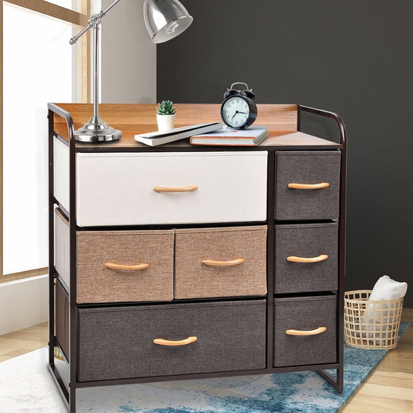 HomeRoots 32" Brown Fabric and Steel Accent Chest – Stylish Storage with 7 Drawers and 2 Shelves for Any Space 470356