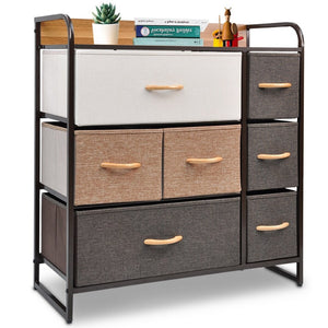 HomeRoots 32" Brown Fabric and Steel Accent Chest – Stylish Storage with 7 Drawers and 2 Shelves for Any Space 470356